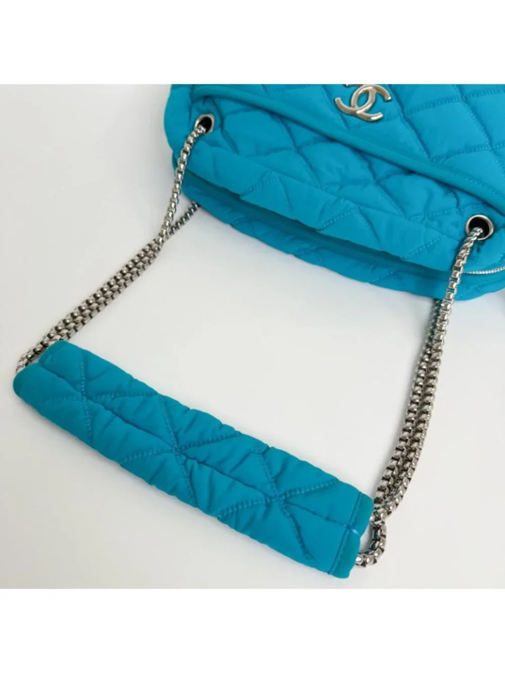Chanel Bubble Quilt Chain Shoulder Bag Cotton Turquoise Blue Silver Seal Vintage